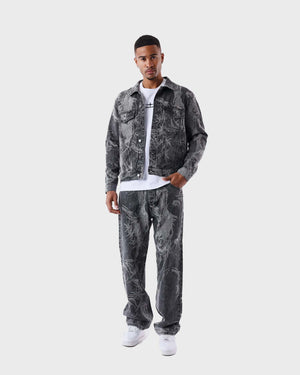 Project X Paris Plant Pattern Denim Jacket Grijs