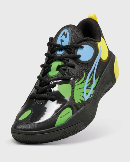 Puma MBWorld.01 JR LaMelo Ball Basketbalschoen Zwart zijaanzicht foto close up voorkant 