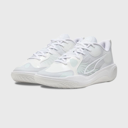 9Puma MBWorld.01 LaMelo Ball Basketbalschoen Wit zijaanzicht voorkant paar