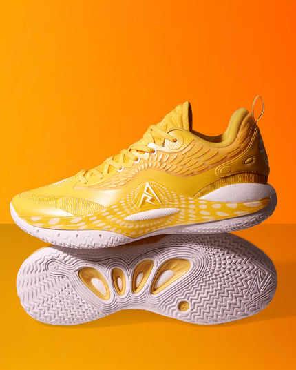 Rigorer AR2 Basketbalschoen Sunrise detail foto met orangje achtergrond Zool en zijaanzicht
