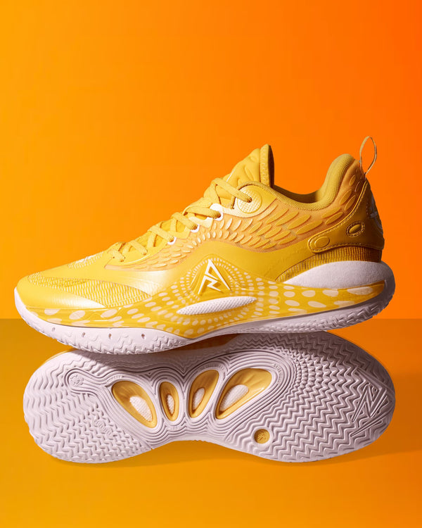 Rigorer AR2 Basketbalschoen Sunrise detail foto met orangje achtergrond Zool en zijaanzicht