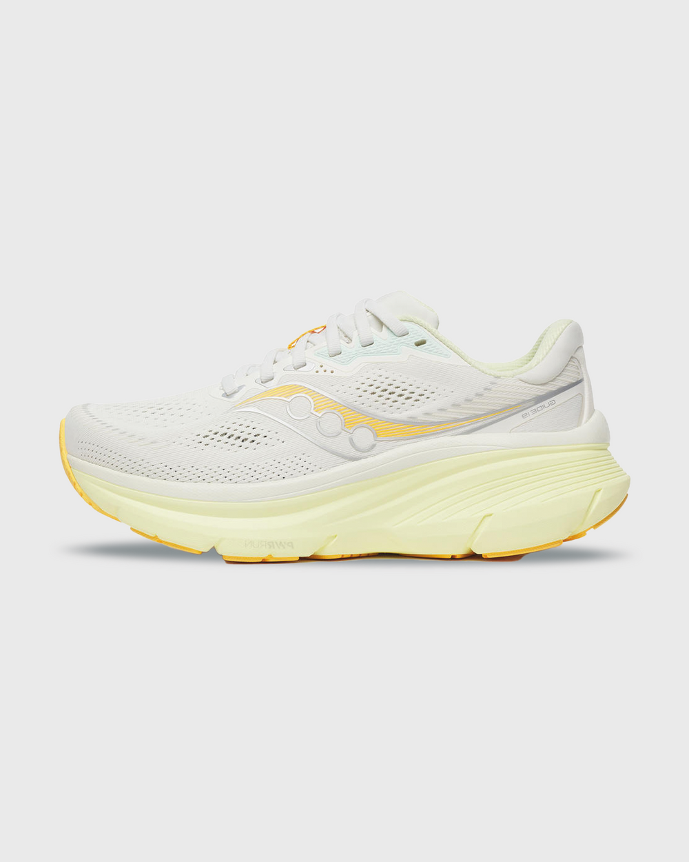 Saucony Guide 19 Hardloopschoen Wit Geel zijaanzicht linkerschoen buitenkant 