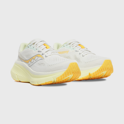 Saucony Guide 19 Hardloopschoen Wit Geel linker rechterschoen voorkant gele onderzool