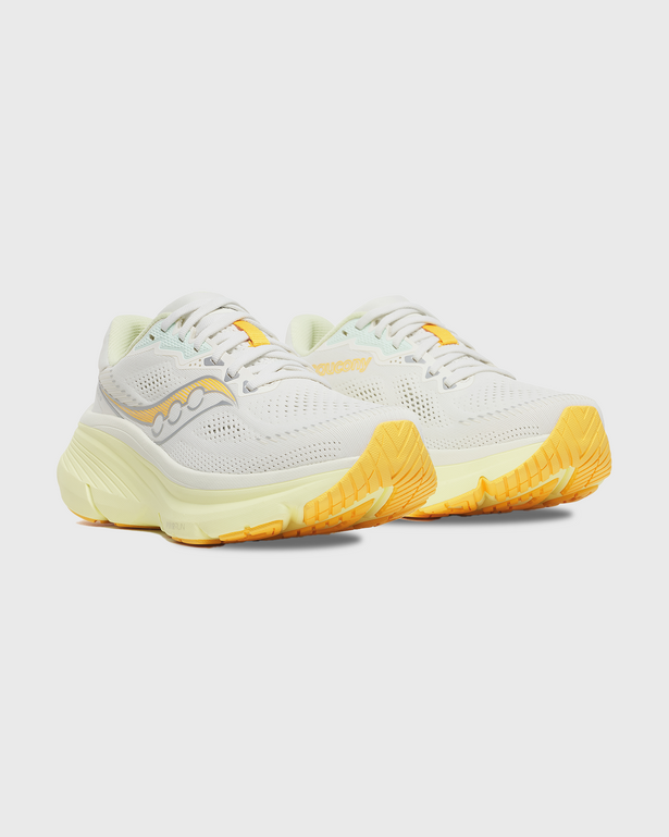 Saucony Guide 19 Hardloopschoen Wit Geel linker rechterschoen voorkant gele onderzool