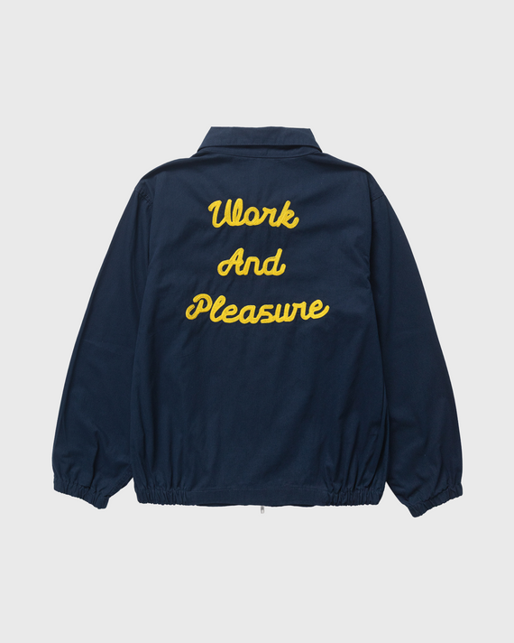 Service Works Twill Work Jacket Donkerblauw achterkant rug gele letters work and pleasure