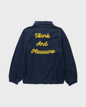 Service Works Twill Work Jacket Donkerblauw achterkant rug gele letters work and pleasure