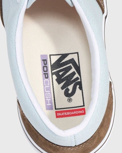 Vans Era Skate BruinBlauw close up zoom in op de insole met pop cush en vans logo