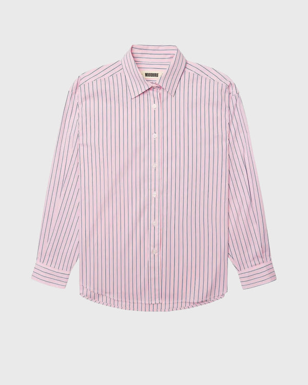 Woodbird Liva Stripe overhemd met roze streep, vooraanzicht plat gelegd
