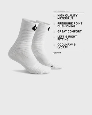Burned Elite Performance Sock in wit, paar met de kenmerken in het Engels: high quality materials, pressure point cushioning, great comfort, left & right fitting, Coolmax & Lycra - Burned Sports