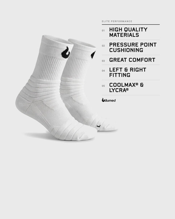 Burned Elite Performance Sock in wit, paar met de kenmerken in het Engels: high quality materials, pressure point cushioning, great comfort, left & right fitting, Coolmax & Lycra - Burned Sports