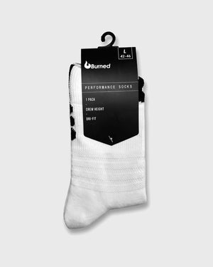 Burned Elite Performance Sock in wit, in de verpakking, voorkant van de hangkaart - Burned Sports