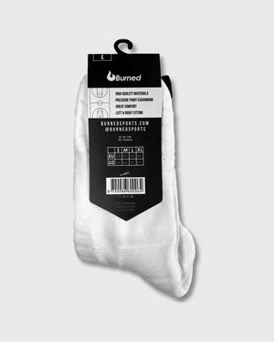 Burned Elite Performance Sock in wit, in de verpakking, achterkant van de hangkaart met de maattabel - Burned Sports