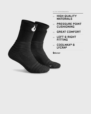 Burned Elite Performance Sock in zwart, paar met de kenmerken in het Engels: high quality materials, pressure point cushioning, great comfort, left & right fitting, Coolmax & Lycra - Burned Sports