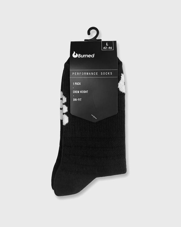 Burned Elite Performance Sock in zwart, in de verpakking, voorkant van de hangkaart - Burned Sports