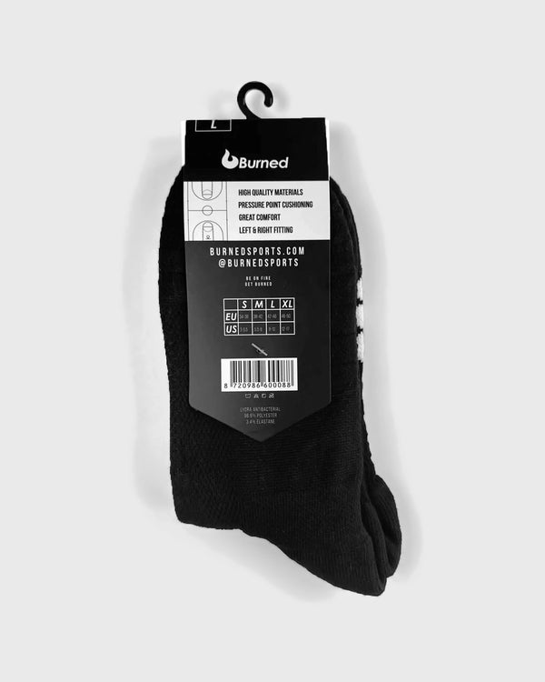 Burned Elite Performance Sock in zwart, in de verpakking, achterkant van de hangkaart met de maattabel - Burned Sports