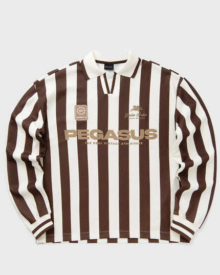 Goodies Sportive Cocoa Vintage Football longsleeve, bruin met ecru verticale strepen en kraag.