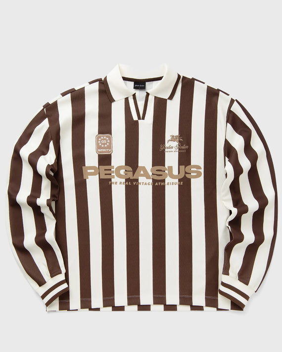 Goodies Sportive Cocoa Vintage Football longsleeve, bruin met ecru verticale strepen en kraag.