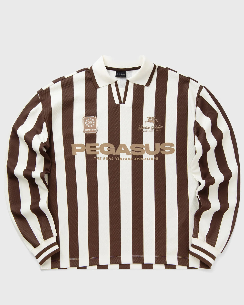Goodies Sportive Cocoa Vintage Football longsleeve, bruin met ecru verticale strepen en kraag.
