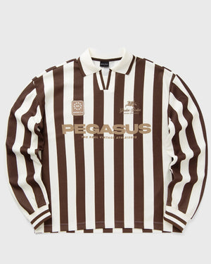 Goodies Sportive Cocoa Vintage Football longsleeve, bruin met ecru verticale strepen en kraag.