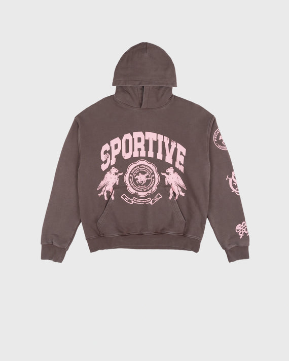 Goodies Sportive Brownie Hoodie bruin, vooraanzicht met het roze Sportive-wapen boven de kangoeroezak.