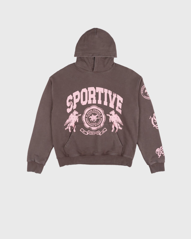 Goodies Sportive Brownie Hoodie bruin, vooraanzicht met het roze Sportive-wapen boven de kangoeroezak.