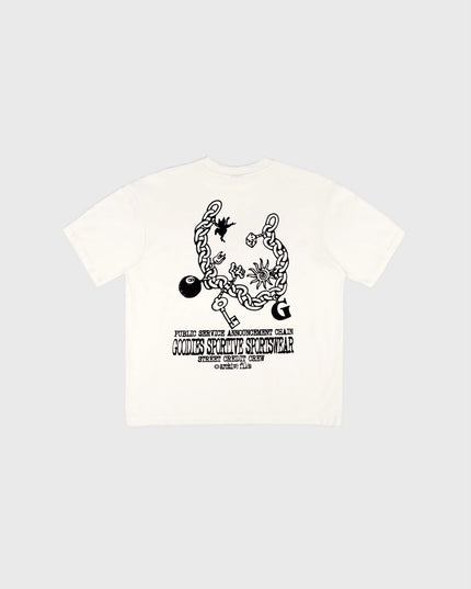 Goodies Sportive Chain Tee wit, achterkant met het getekende kettingartwork in zwart.