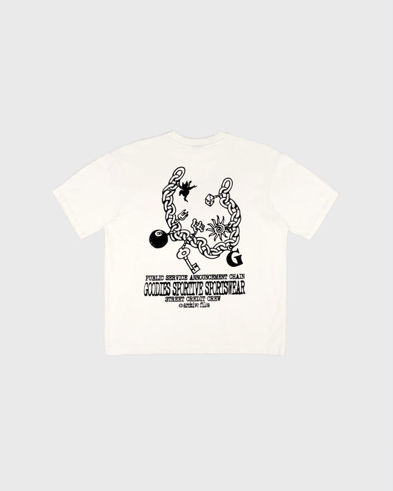 Goodies Sportive Chain Tee wit, achterkant met het getekende kettingartwork in zwart.