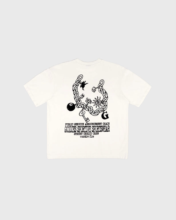 Goodies Sportive Chain Tee wit, achterkant met het getekende kettingartwork in zwart.