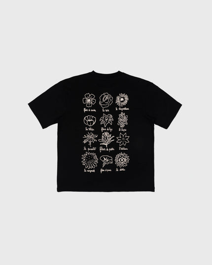 Goodies Sportive Le Fleuriste Tee zwart, achterkant met twaalf getekende bloemen in ecru.