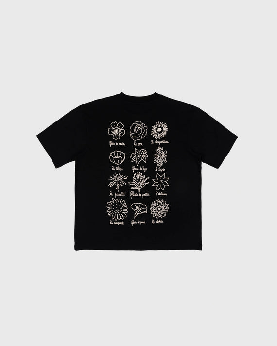 Goodies Sportive Le Fleuriste Tee zwart, achterkant met twaalf getekende bloemen in ecru.