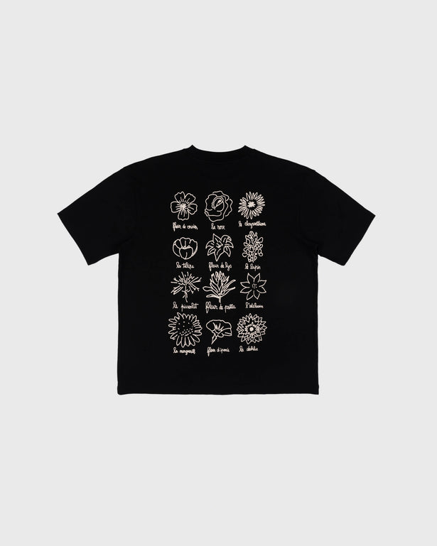 Goodies Sportive Le Fleuriste Tee zwart, achterkant met twaalf getekende bloemen in ecru.