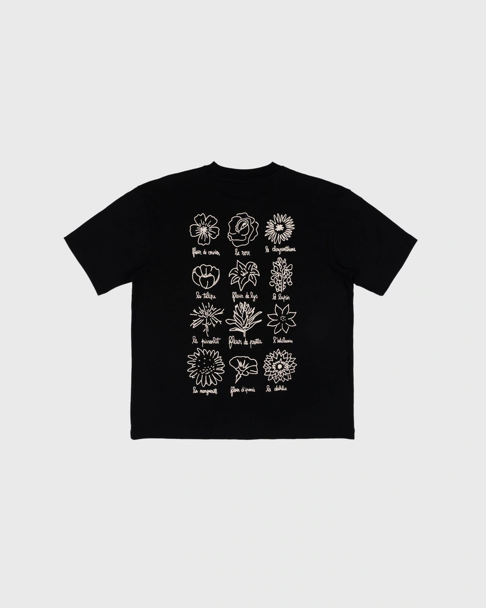 Goodies Sportive Le Fleuriste Tee zwart, achterkant met twaalf getekende bloemen in ecru.