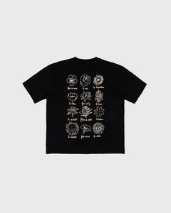 Goodies Sportive Le Fleuriste Tee zwart, achterkant met twaalf getekende bloemen in ecru.