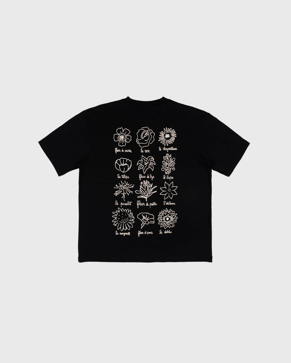 Goodies Sportive Le Fleuriste Tee zwart, achterkant met twaalf getekende bloemen in ecru.