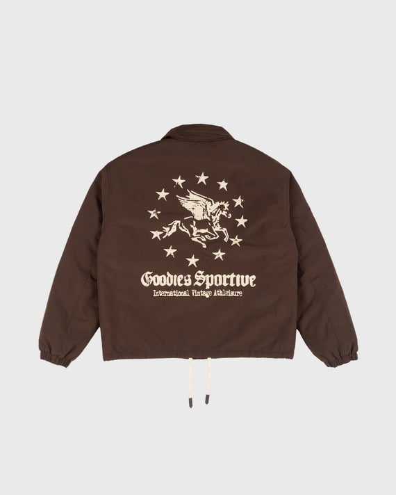 Goodies Sportive Memory Jacket bruin coachjack, achterkant met ecru Pegasus-artwork tussen twaalf sterren.