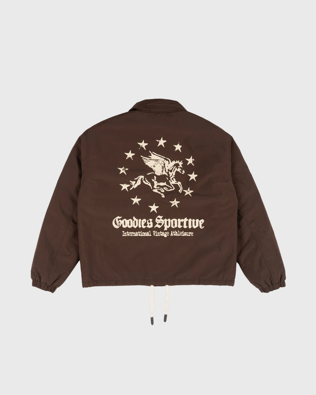Goodies Sportive Memory Jacket bruin coachjack, achterkant met ecru Pegasus-artwork tussen twaalf sterren.