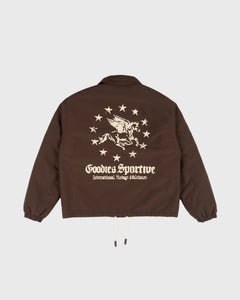 Goodies Sportive Memory Jacket bruin coachjack, achterkant met ecru Pegasus-artwork tussen twaalf sterren.