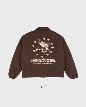 Goodies Sportive Memory Jacket bruin coachjack, achterkant met ecru Pegasus-artwork tussen twaalf sterren.