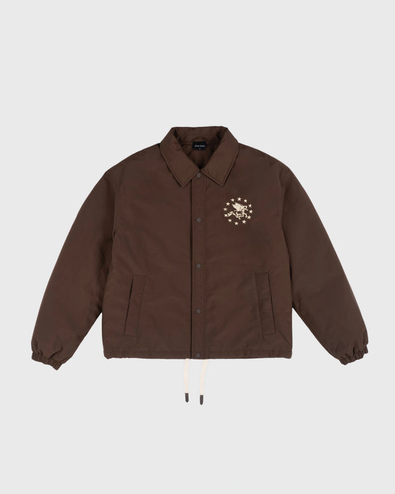 Goodies Sportive Memory Jacket bruin coachjack, vooraanzicht met drukknoopsluiting, kraag en borstprint.