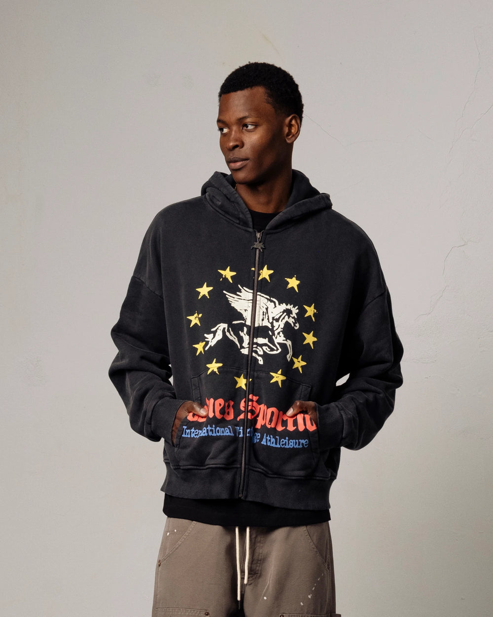 Goodies Sportive Pegasus Union Hoodie washed black met rits, vooraanzicht met de Pegasus-print over de zakken.
