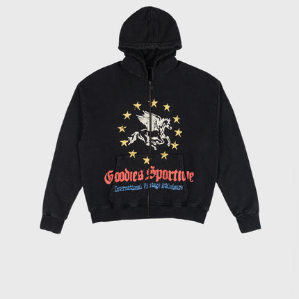 Goodies Sportive Pegasus Union Hoodie washed black met rits, vooraanzicht met de Pegasus-print over de zakken.