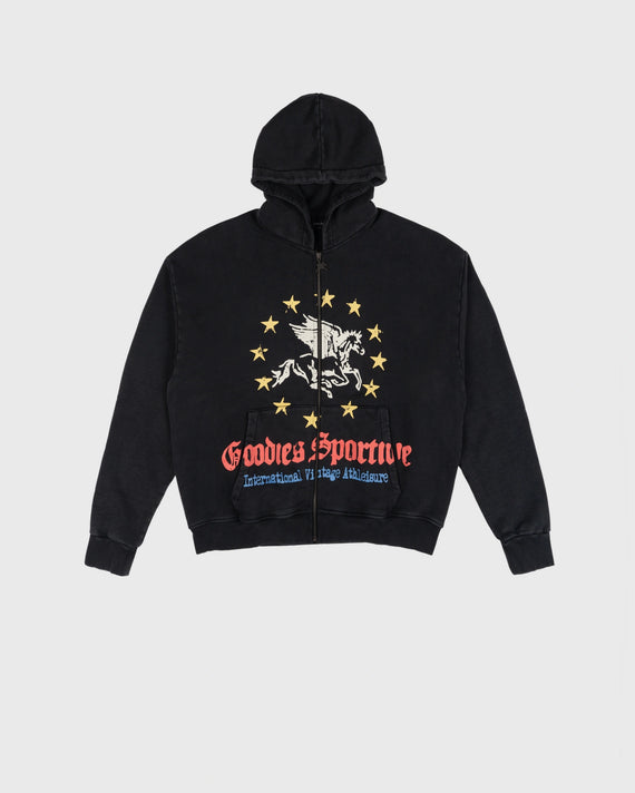 Goodies Sportive Pegasus Union Hoodie washed black met rits, vooraanzicht met de Pegasus-print over de zakken.