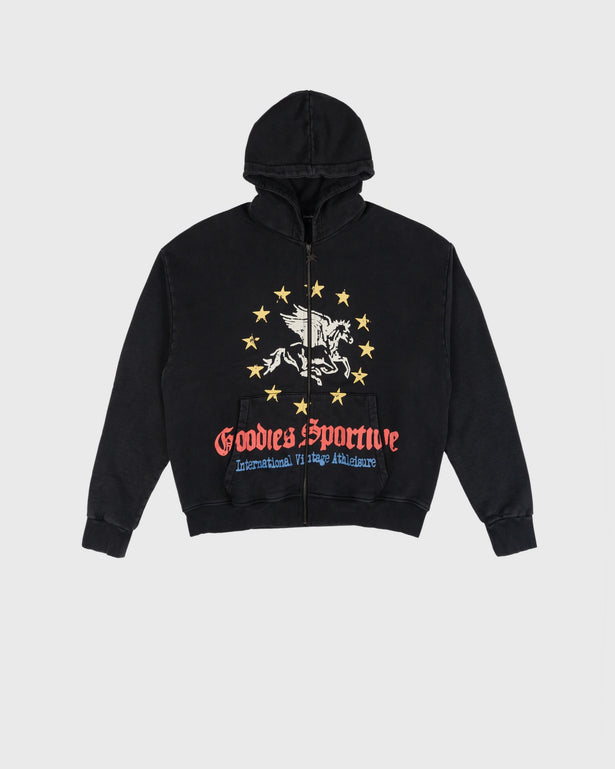 Goodies Sportive Pegasus Union Hoodie washed black met rits, vooraanzicht met de Pegasus-print over de zakken.