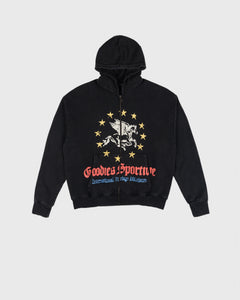 Goodies Sportive Pegasus Union Hoodie washed black met rits, vooraanzicht met de Pegasus-print over de zakken.