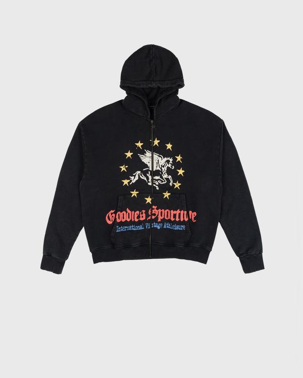Goodies Sportive Pegasus Union Hoodie washed black met rits, vooraanzicht met de Pegasus-print over de zakken.