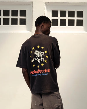 Goodies Sportive Pegasus Union Tee washed black, gedragen door een model, achterkant met de sterrenkrans.