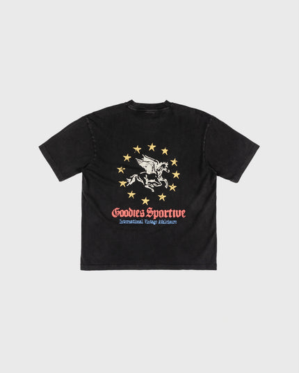 Goodies Sportive Pegasus Union Tee washed black, achterkant met de Pegasus in twaalf gele sterren.