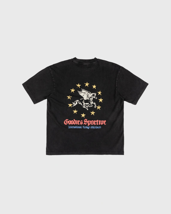 Goodies Sportive Pegasus Union Tee washed black, achterkant met de Pegasus in twaalf gele sterren.