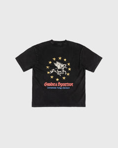 Goodies Sportive Pegasus Union Tee washed black, achterkant met de Pegasus in twaalf gele sterren.