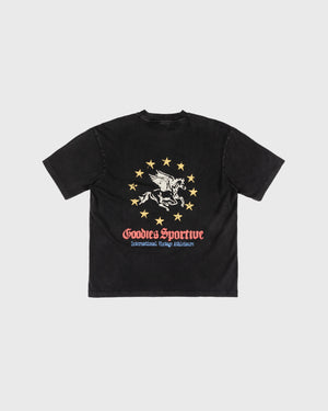Goodies Sportive Pegasus Union Tee washed black, achterkant met de Pegasus in twaalf gele sterren.